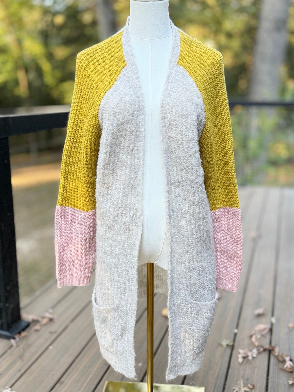 Anthropologie Pepin Colorblock Open Cardigan Sweater Mustard Pink Ivory Small